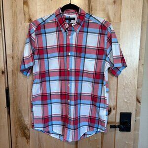 Tommy Hilfiger Short Sleeved Plaid Button Shirt M White Blue Red 100% Cotton